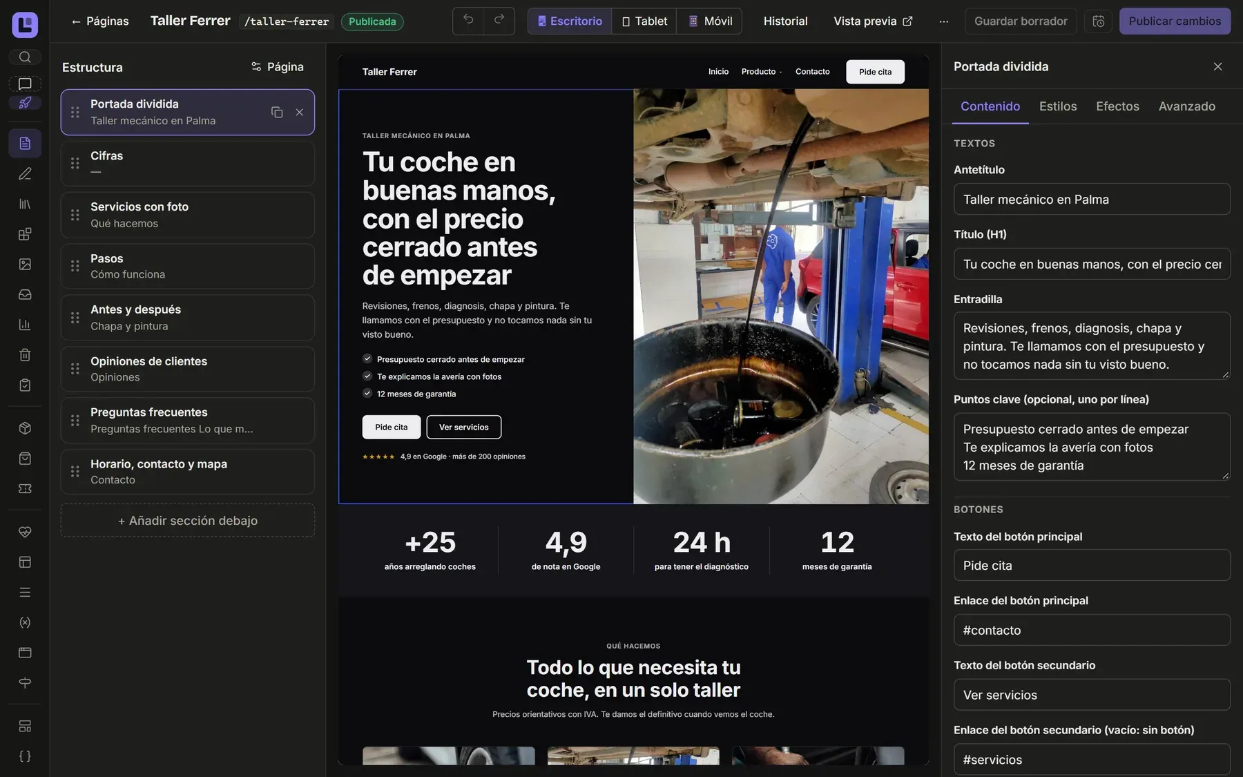 El panel de Layo CMS editando una página